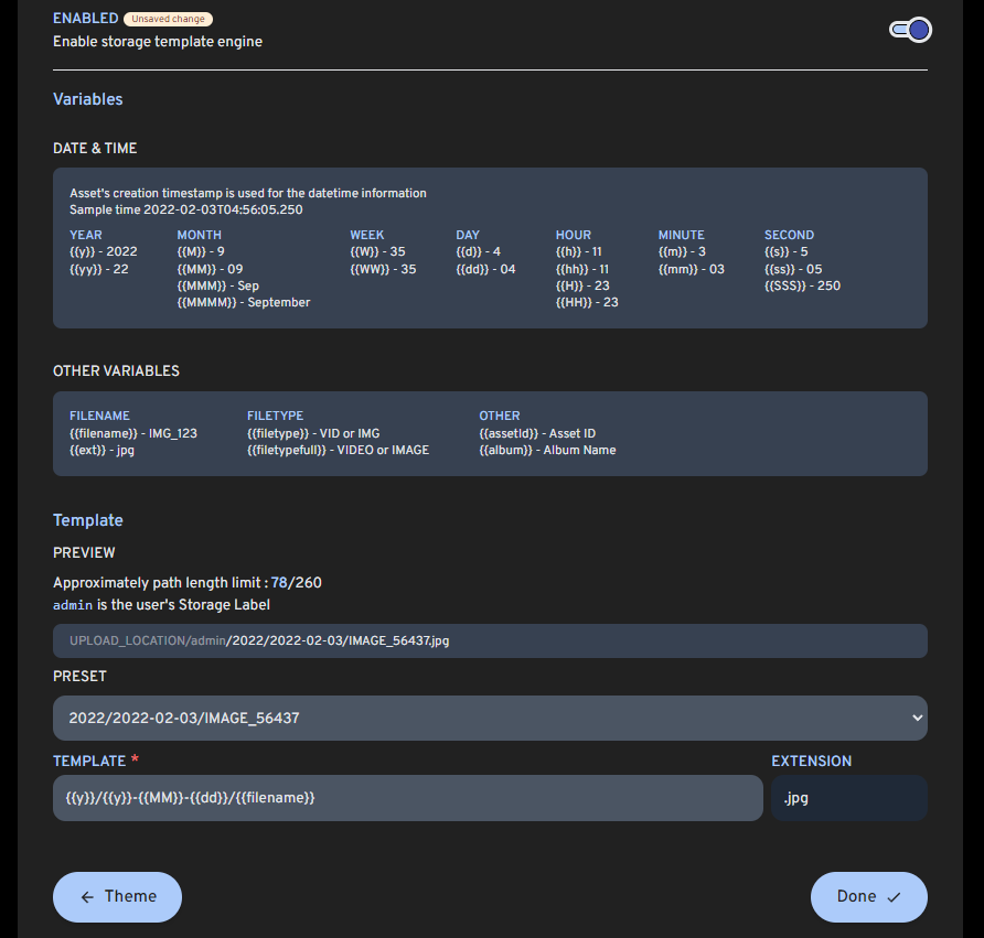 Storage Template Setting